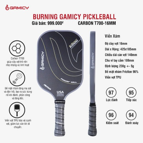 Vợt Pickleball Kaiwin Burning Gamicy T700 16mm 8