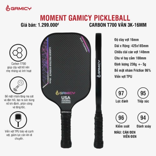 Vợt Pickleball Kaiwin Gamicy Moment T700 16mm 5